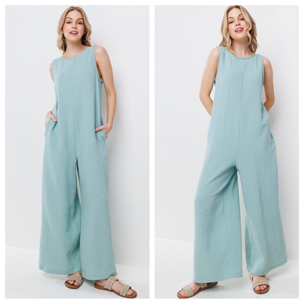 02 Gauze Solid Wide Leg Jumpsuit - Picture 3 of 4